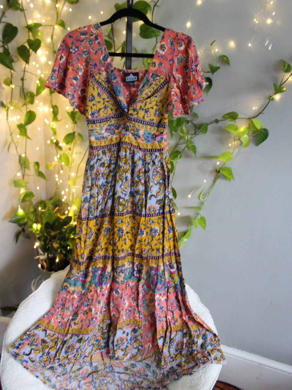 NWT Angie Boho Patchwork Floral Peekaboo Maxi Dress Size S | 100% Rayon